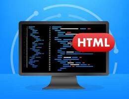 Computer monitor showing html programming code on blue background vector