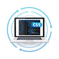 Laptop showing cascading style sheets programming code on screen vector