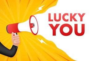 Hand holding megaphone with lucky you message on yellow lightning bolt background vector