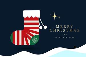 A large red Christmas stocking with white trim and two dangling white pom-poms takes center stage, decorated with geometric stripes and a snowflake. vector