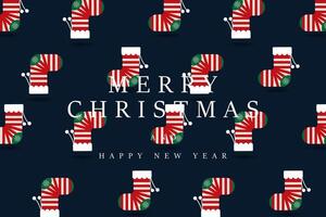 Socks pattern dangling white pom-poms takes center stage, decorated with geometric stripes and a snowflake. conveys a festive message with Merry Christmas and Happy New Year text. vector