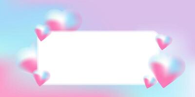 A romantic graphic with glowing 3D hearts in pink and blue surrounding a blank white center, ideal for a love-themed message. vector