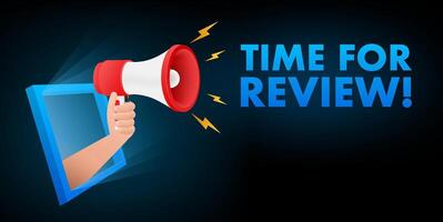 Hand holding megaphone emerging from window announcing time for review vector
