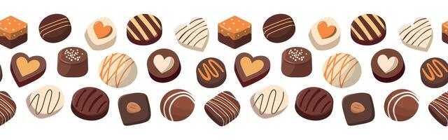 Sweet chocolate candies border pattern. Set of chocolate sweets and desserts. Isolated on white background. vector