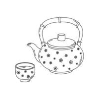 Japanese tea set, cup and teapot with floral ornament on white background. Hand drawn set of illustrations vector
