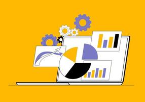 Various data in graphs and charts are open on the laptop monitor. vector