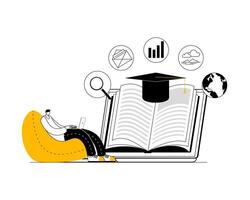 A character sits in a sack chair with a laptop and reads a book on the monitor. vector
