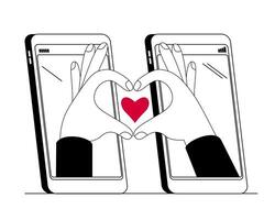 Hands from different phones show a heart gesture. vector