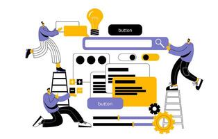 A team of developers, managers and designers creates a mobile app. vector
