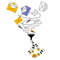 A tornado of applications flies into a sales funnel from which money drips. vector