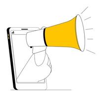 A hand with a screaming megaphone sticks out of a smartphone. vector