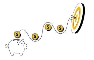 Curved line of success goes from piggy bank to goal. vector