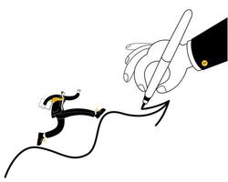 Businessman in a business suit running down the sales arrow. A large hand draws the arrow. vector