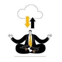 Businessman's Meditation. Balancing Data in the Cloud. illustration in linear style. vector