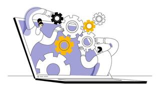 A team of analysts works with data in the form of various graphs on a laptop. vector