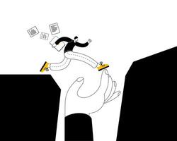 An employee in casual clothes jumps over the abyss leaning on a supporting hand. vector