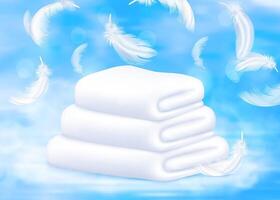 Fluffy White Towels with Feathers on Blue Background vector