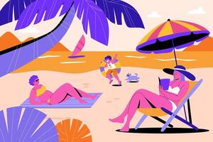 Vibrant Beach Scene with Relaxing Figures vector