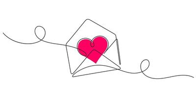 love message envelope with heart shape hand drawn one line drawing continuous valentine vector