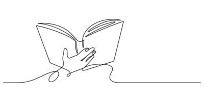 hand holding book one line drawing continuous copy space vector