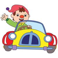 Funny ginger clown driving his car with colorful vector