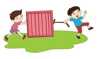 One boy is pulling the box and the other is pushing it vector