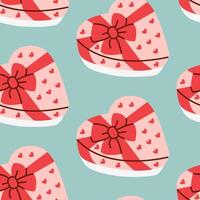 Flat-style seamless pattern featuring heart-shaped gift boxes with red bows and small hearts on a pastel background. Perfect for Valentine's Day themes, greeting cards, and holiday designs. vector