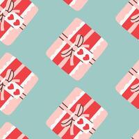 Flat-style seamless pattern featuring square gift boxes decorated with red ribbons, bows, and heart tags on a pastel background. Perfect for Valentine's Day wrapping paper, and festive designs. vector