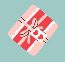 Flat-style illustration of a square gift box wrapped in red ribbon with a bow and heart tag. Perfect for Valentine's Day, celebrations, and romantic-themed designs. Cute and festive packaging art. vector