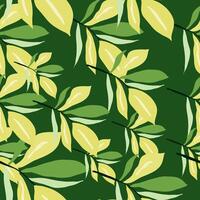 Tropical leaf pattern with yellow and green leaves on a dark green background vector