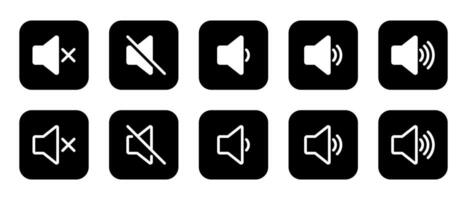 Speaker volume icon set collection. Audio, sound level sign symbol on black square vector