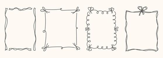 Whimsical Hand Drawn frame set with doodle bows, ribbons. Line borders for birthday, christmas, wedding Invitations. Coquette bow set. Vintage minimalist elements in trendy line art style. illu vector