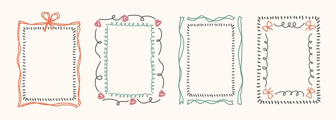 Hand Drawn frame set with doodle bows, ribbons. Whimsical line borders for birthday, christmas, wedding Invitations. Coquette bow set. Vintage minimalist elements in trendy line art style. illu