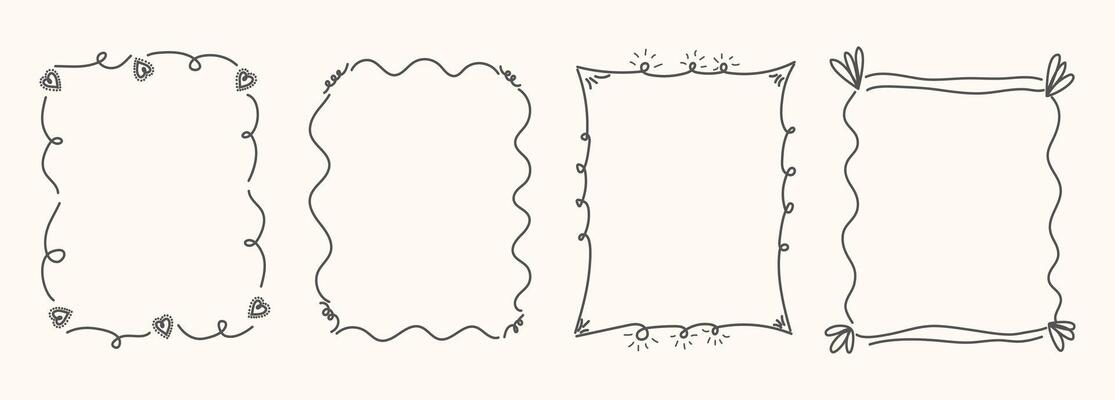 Hand Drawn frame set with doodle bows, ribbons. Whimsical line borders for wedding Invitations, birthday, christmas. Vintage minimalist elements in trendy line art style. Coquette bow set. illu