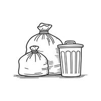 Doodle illustration of neatly stacked garbage bags being sorted for recycling vector