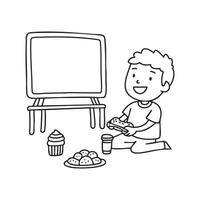 Doodle illustration of a child playing a game on a controller with snacks nearby vector