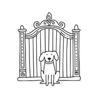 Doodle illustration of a dog sitting patiently in front of a decorative gate vector