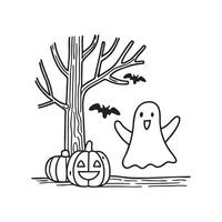 Doodle illustration of a simple ghost floating near an old tree with a Halloween pumpkin vector