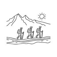 Doodle illustration of a group of hikers trekking across a massive glacier vector