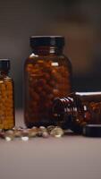 A variety of assorted health supplements stored in glass jars that contain pills and capsules video