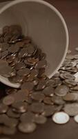 There is a large assortment of shiny spilled coins that are spread out in a white container video