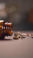 A quantity of spilled pills has fallen from an open prescription bottle on the table video