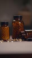 Various Bottles of Dietary Supplements Featuring Capsules and Pills Arranged on a Table Surface video