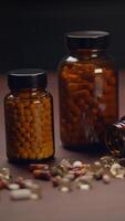 A Variety of Assorted Dietary Supplements in Amber Bottles Featuring Capsules on a Table video