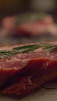 Freshly Cut Meat with a Charming Rosemary Garnish for Enhanced Visual Appeal and Flavor video