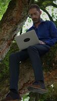 A man works on his laptop while sitting in a tree, highlighting natureinspired productivity video