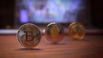 Cryptocurrency Coins Beautifully Arranged on a Wooden Table with a Dynamic Digital Background video
