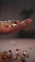 An Assortment of Various Capsules and Pills Being Gripped Together Firmly in One Hand video
