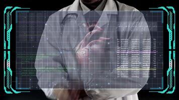 A doctor in a white coat is examining advanced graphics and futuristic digital data, representing heart healthcare technology, using AI to analyze medical information. video