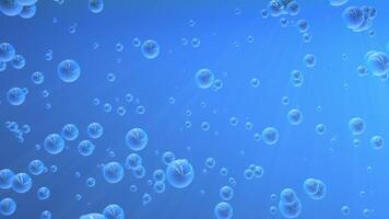 Seamless VJ loop background with transparent bubbles in light blue water and bright rays of light. Abstract screensaver with crystal spheres floating up in a liquid atmosphere. Looped 4K 60 fps video